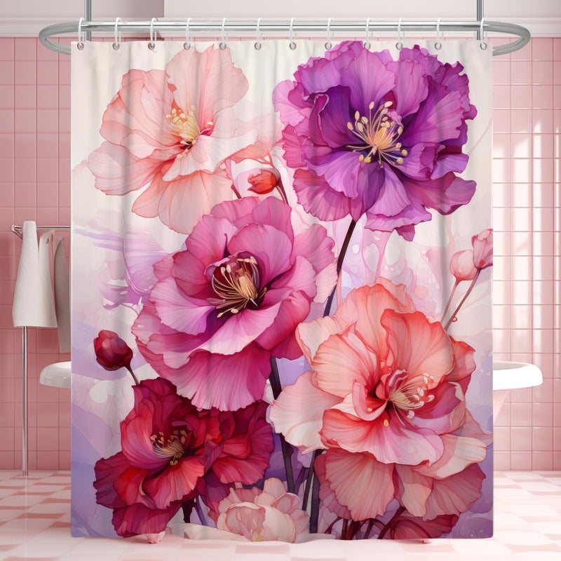 Uiiooazy Pink Shower Curtain for Bathroom Rose Pink Floral Shower Curtain Set with Hooks Abstract Purple Pink Flowers Bathtub Decor Waterproof Fabric Curtains 72x72inches - Image 1